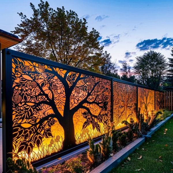 An expansive architectural exterior boundary wall fence composed of heavy-duty black metal panels with detailed laser-cut tree and forest landscape motifs, brilliantly illuminated with integrated warm orange landscape backlighting, manufactured by Faisal 