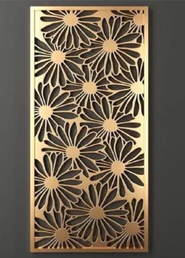 Premium champagne gold-finished rectangular partition screen featuring an overlapping sunflower petal layout precision cut with a CNC laser, manufactured by Faisal Laser Works.