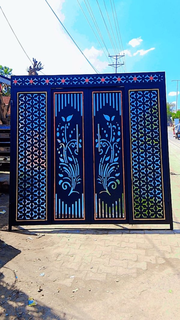 Heavy-duty black metal main entrance gate featuring a multi-panel layout with precision laser-cut geometric lattices on the sides and elegant floral designs in the center, crafted by Faisal Laser Works.